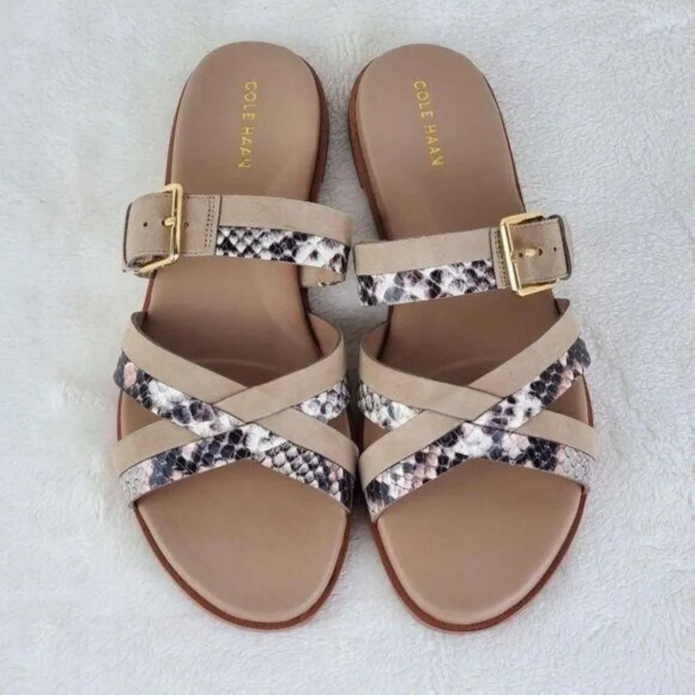 Cole Haan Python-Print Fairen Leather Strappy Buckle Slide Flat Sandals Size 8M